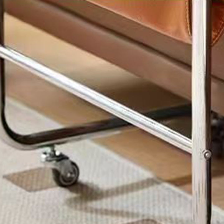 Modern Mid-Century Plank, Iron &amp; PU Leather Rectangular Side Table With Wheels For Living Room, Bedroom