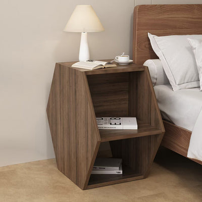 Moderner minimalistischer MDF-Sechseck-Beistelltisch mit 3-stufigem Stauraum für Schlafzimmer & Wohnzimmer 