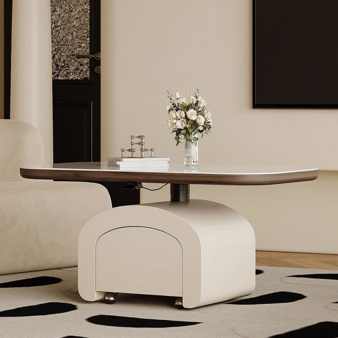 Table basse rectangulaire contemporaine en dalle de roche nordique et bois 1 tiroir avec fonction de plateau relevable pour salon et chambre 