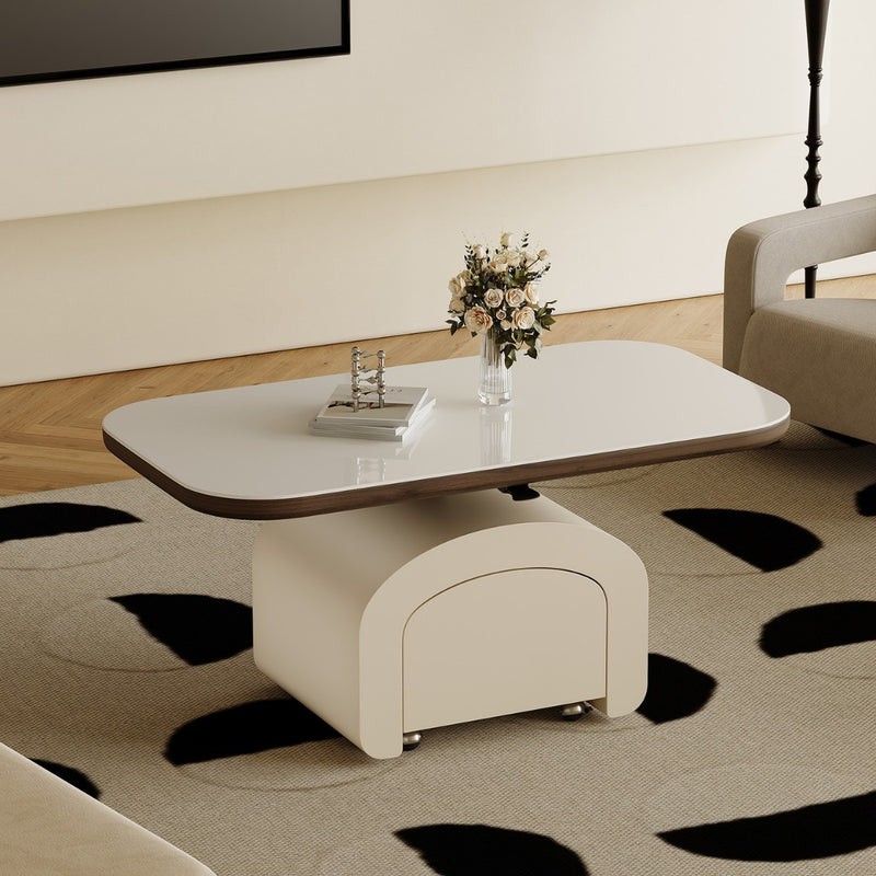 Table basse rectangulaire contemporaine en dalle de roche nordique et bois 1 tiroir avec fonction de plateau relevable pour salon et chambre 