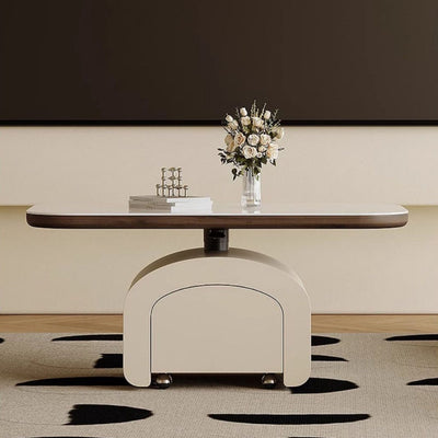 Table basse rectangulaire contemporaine en dalle de roche nordique et bois 1 tiroir avec fonction de plateau relevable pour salon et chambre 