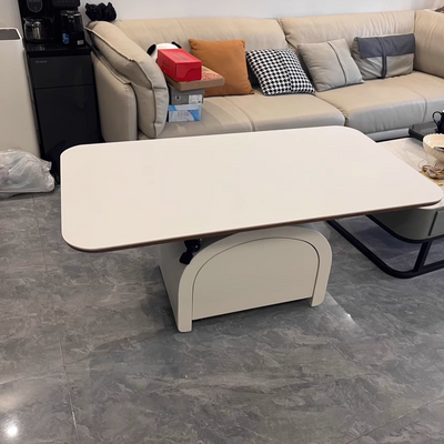 Table basse rectangulaire contemporaine en dalle de roche nordique et bois 1 tiroir avec fonction de plateau relevable pour salon et chambre 