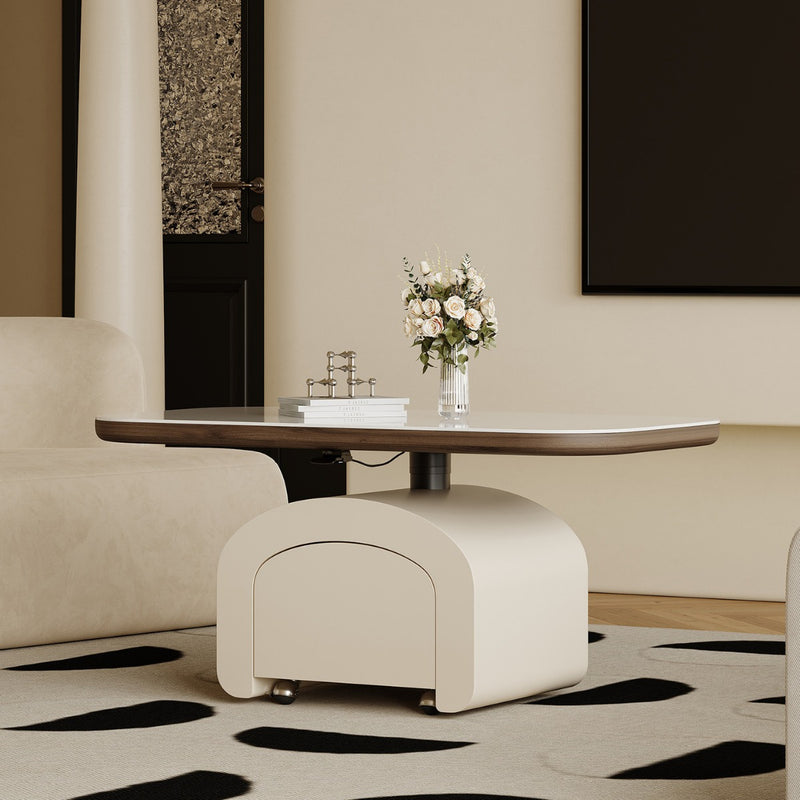 Table basse rectangulaire contemporaine en dalle de roche nordique et bois 1 tiroir avec fonction de plateau relevable pour salon et chambre 