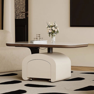Table basse rectangulaire contemporaine en dalle de roche nordique et bois 1 tiroir avec fonction de plateau relevable pour salon et chambre 
