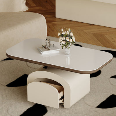 Table basse rectangulaire contemporaine en dalle de roche nordique et bois 1 tiroir avec fonction de plateau relevable pour salon et chambre 