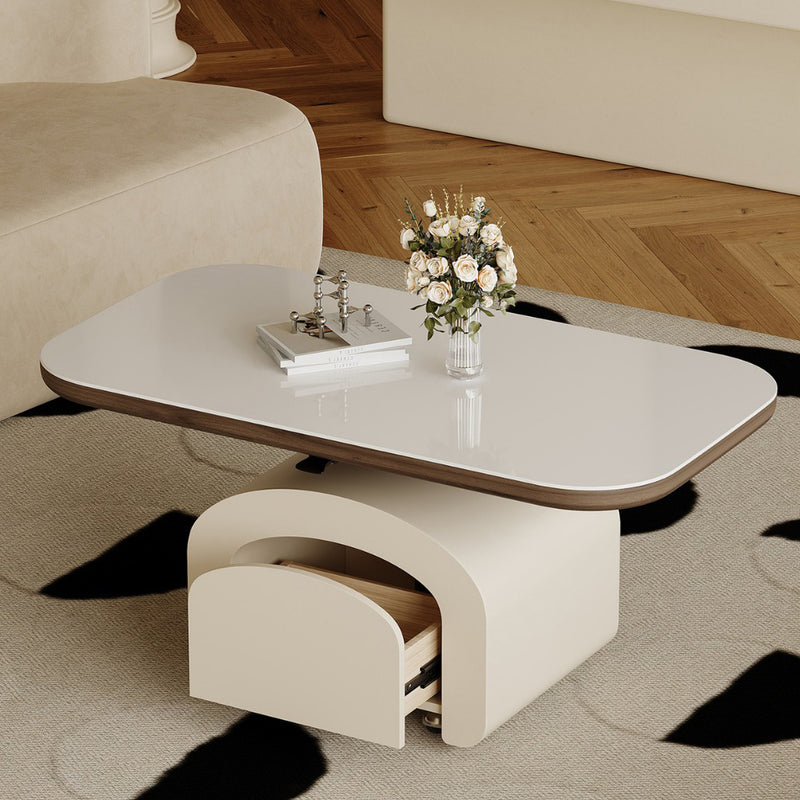 Table basse rectangulaire contemporaine en dalle de roche nordique et bois 1 tiroir avec fonction de plateau relevable pour salon et chambre 