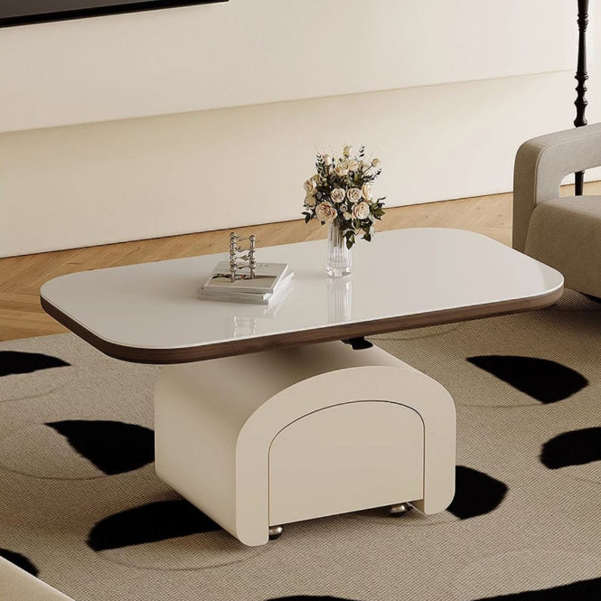Table basse rectangulaire contemporaine en dalle de roche nordique et bois 1 tiroir avec fonction de plateau relevable pour salon et chambre 