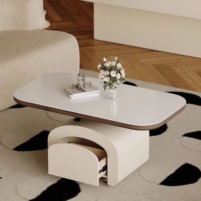 Table basse rectangulaire contemporaine en dalle de roche nordique et bois 1 tiroir avec fonction de plateau relevable pour salon et chambre 