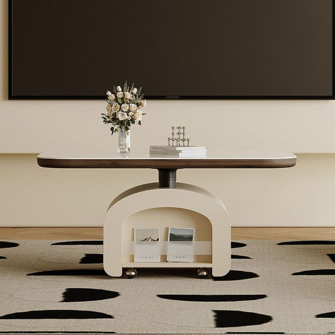 Table basse rectangulaire contemporaine en dalle de roche nordique et bois 1 tiroir avec fonction de plateau relevable pour salon et chambre 