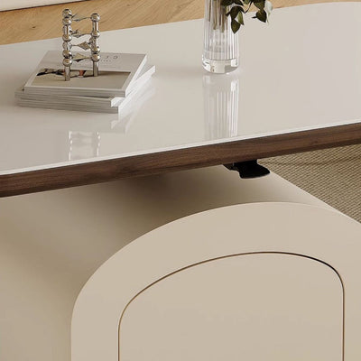 Table basse rectangulaire contemporaine en dalle de roche nordique et bois 1 tiroir avec fonction de plateau relevable pour salon et chambre 
