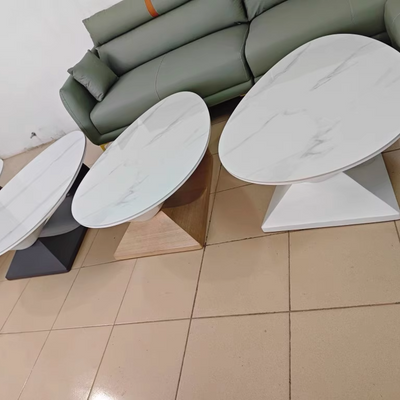 Modern Minimalist Rock Slab & Wood Panel Oval Coffee Table For Living Room & Bedroom