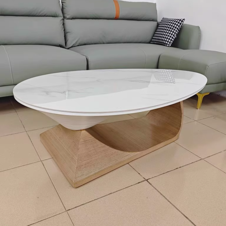 Table basse ovale moderne minimaliste en dalle de roche et panneau de bois pour salon et chambre