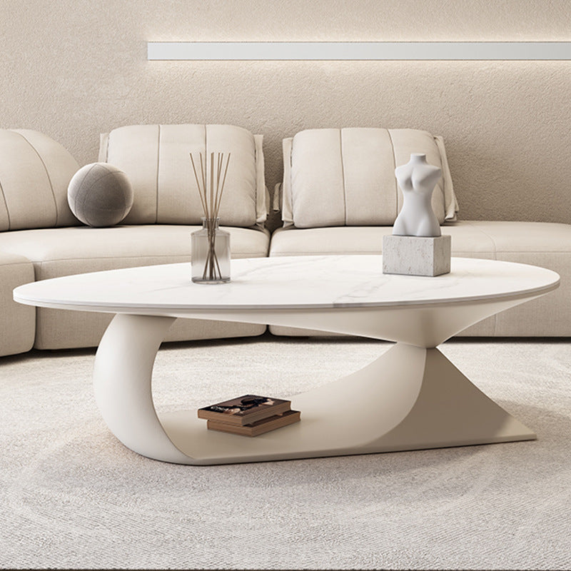 Modern Minimalist Rock Slab & Wood Panel Oval Coffee Table For Living Room & Bedroom