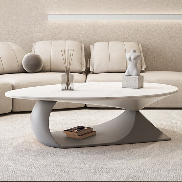 Moderner minimalistischer ovaler Couchtisch aus Steinplatte und Kautschukholz für Wohnzimmer & Schlafzimmer 