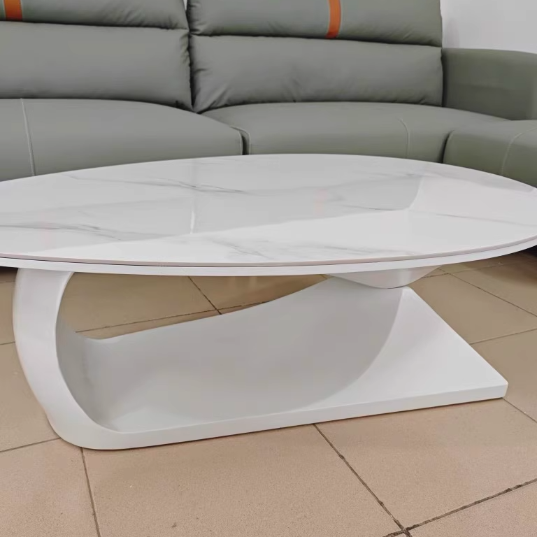Table basse ovale moderne minimaliste en dalle de roche et panneau de bois pour salon et chambre
