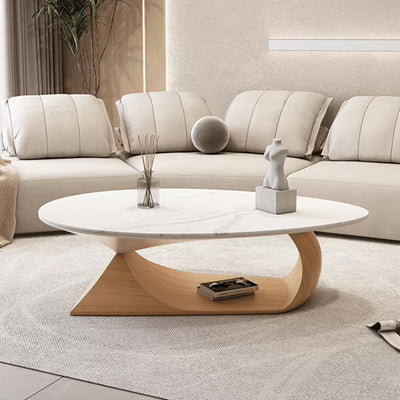 Modern Minimalist Rock Slab & Wood Panel Oval Coffee Table For Living Room & Bedroom