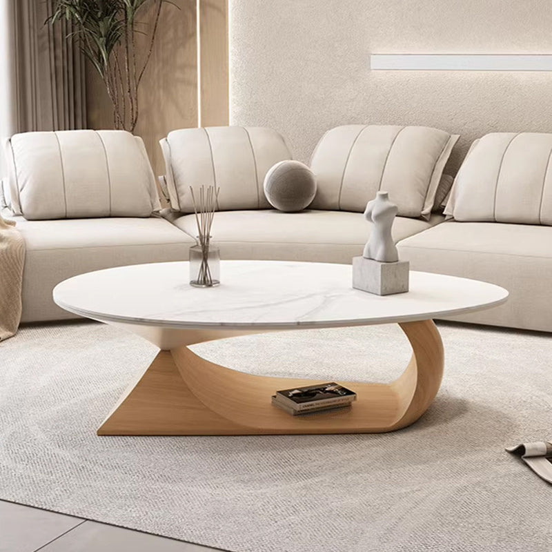 Modern Minimalist Rock Slab & Wood Panel Oval Coffee Table For Living Room & Bedroom