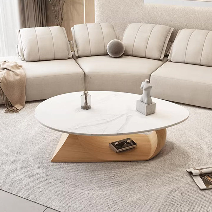 Moderner minimalistischer ovaler Couchtisch aus Steinplatte und Kautschukholz für Wohnzimmer & Schlafzimmer 