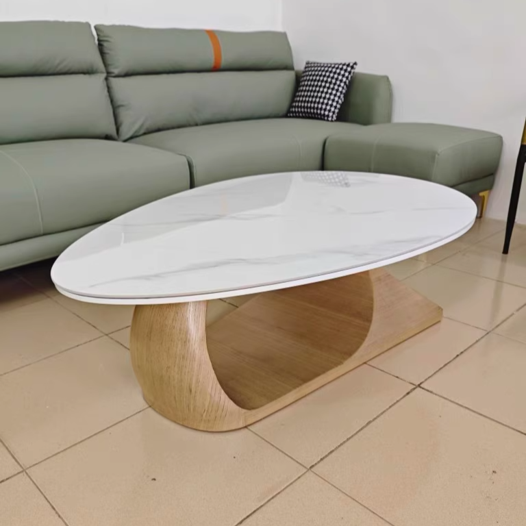 Modern Minimalist Rock Slab & Wood Panel Oval Coffee Table For Living Room & Bedroom