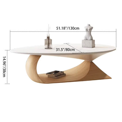 Modern Minimalist Rock Slab & Wood Panel Oval Coffee Table For Living Room & Bedroom