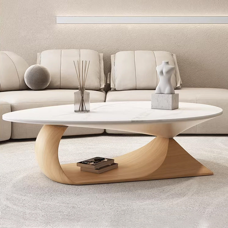 Modern Minimalist Rock Slab & Wood Panel Oval Coffee Table For Living Room & Bedroom