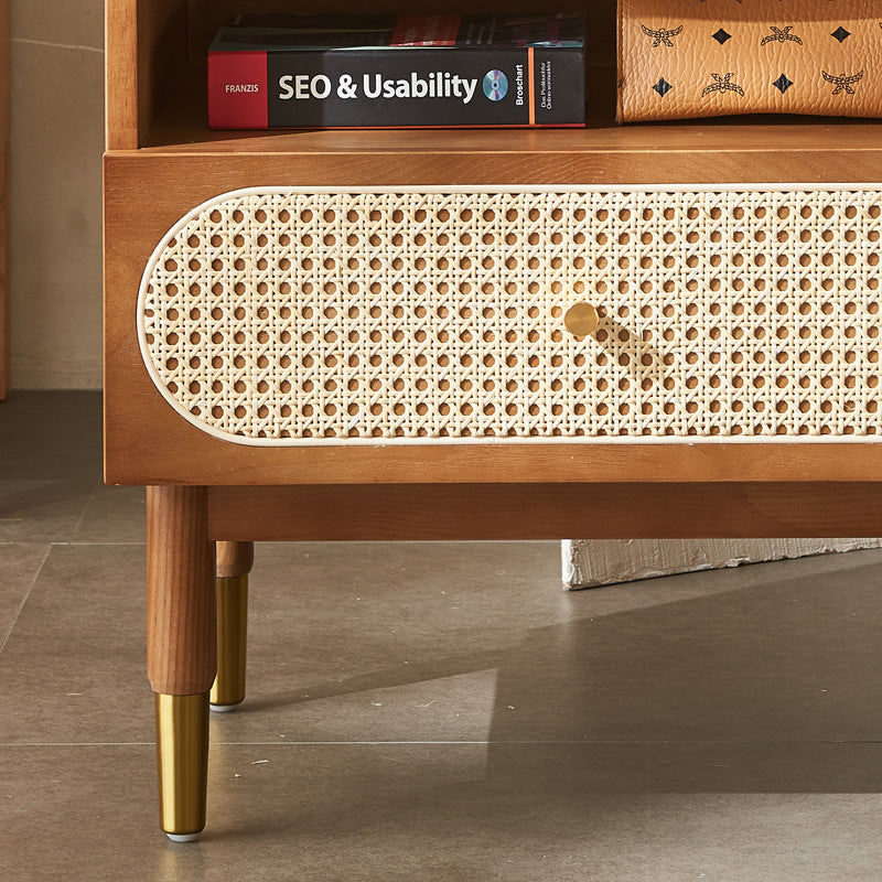 Table de chevet carré contemporain en bois et rotin nordique avec 1 tiroir pour chambre et salon 