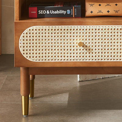 Zeitgenössischer nordischer Holz- und Rattan-Nachttisch mit 1 Schublade für Schlafzimmer und Wohnzimmer 