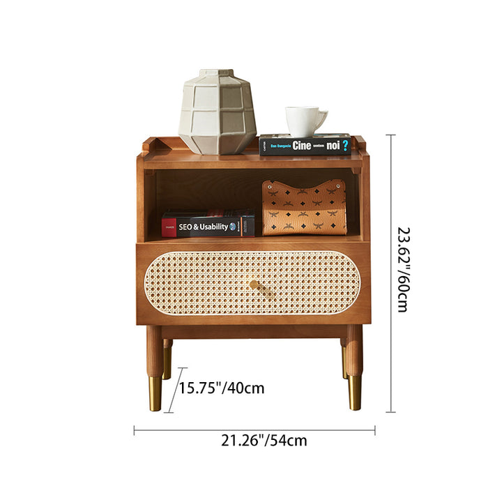 Table de chevet carré contemporain en bois et rotin nordique avec 1 tiroir pour chambre et salon 