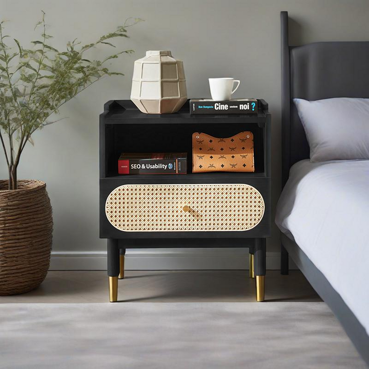 Table de chevet carré contemporain en bois et rotin nordique avec 1 tiroir pour chambre et salon 