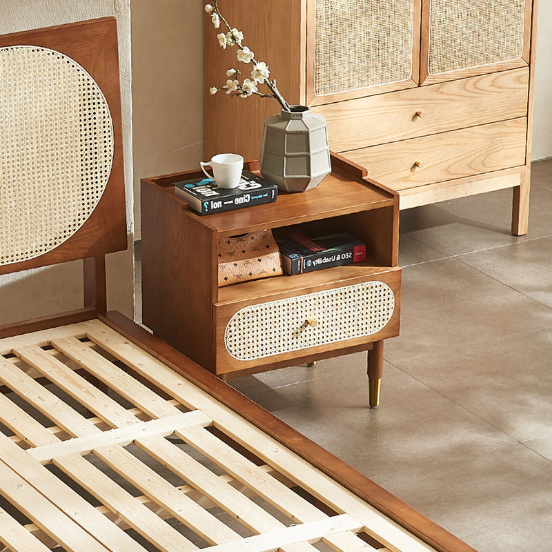 Table de chevet carré contemporain en bois et rotin nordique avec 1 tiroir pour chambre et salon 