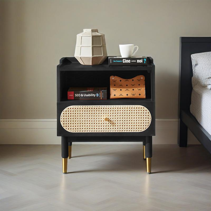 Table de chevet carré contemporain en bois et rotin nordique avec 1 tiroir pour chambre et salon 