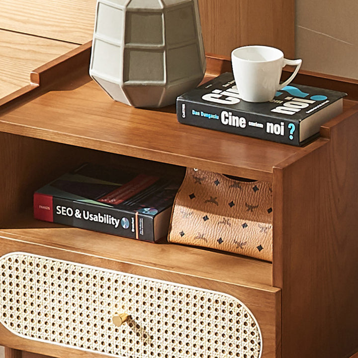 Table de chevet carré contemporain en bois et rotin nordique avec 1 tiroir pour chambre et salon 