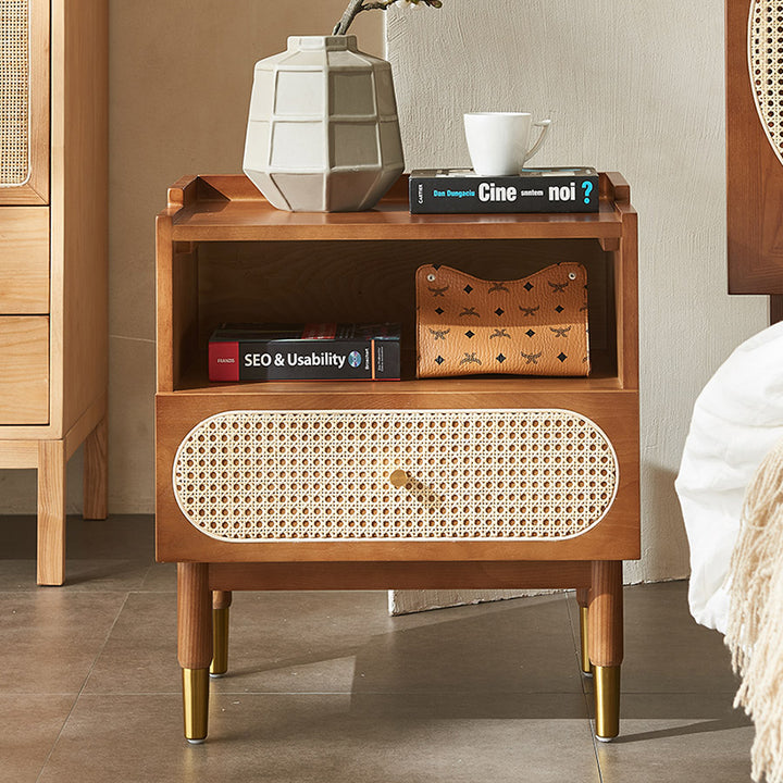 Table de chevet carré contemporain en bois et rotin nordique avec 1 tiroir pour chambre et salon 