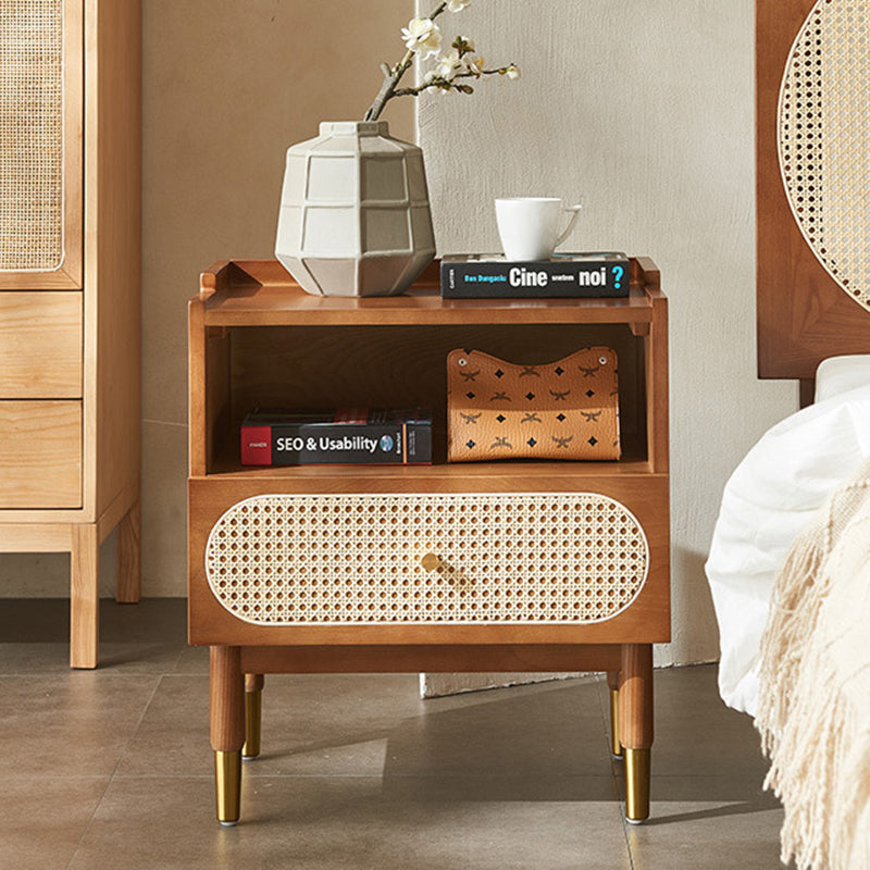 Zeitgenössischer nordischer Holz- und Rattan-Nachttisch mit 1 Schublade für Schlafzimmer und Wohnzimmer 