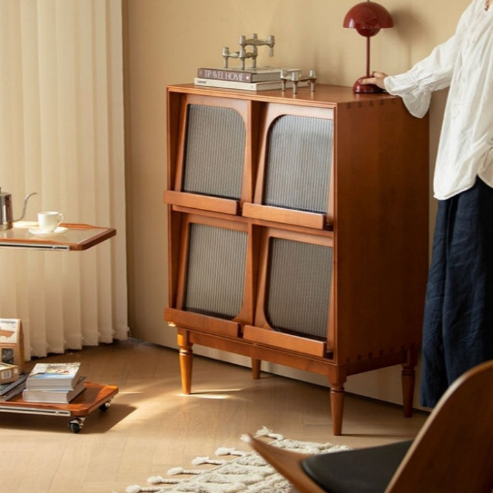 Traditional Vintage Wood &amp; Glass Rectangular Console Table With 4-Cabinet Storage For Entryway &amp; Living Room