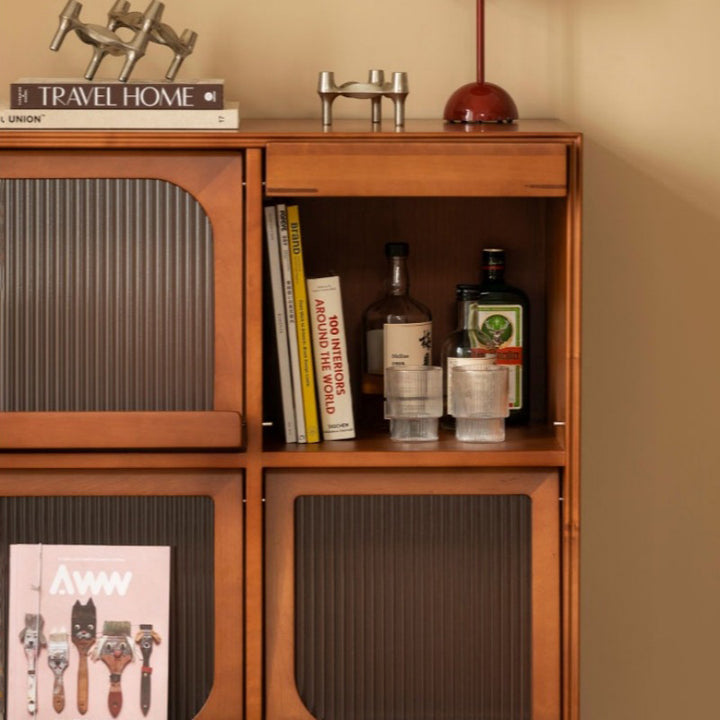Traditional Vintage Wood &amp; Glass Rectangular Console Table With 4-Cabinet Storage For Entryway &amp; Living Room