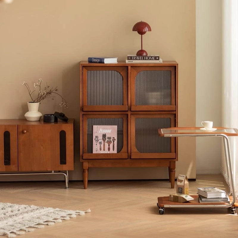 Traditional Vintage Wood &amp; Glass Rectangular Console Table With 4-Cabinet Storage For Entryway &amp; Living Room