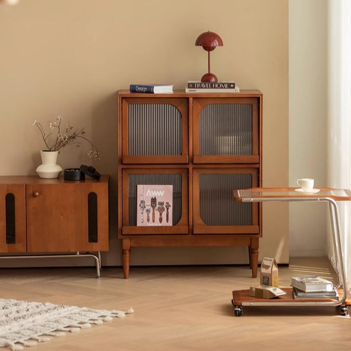 Traditional Vintage Wood & Glass Rectangular Console Table With 4-Cabinet Storage For Entryway & Living Room