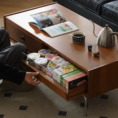 Traditional Japanese Wood & Stainless Steel Rectangular Coffee Table With 2-Drawer For Living Room & Bedroom