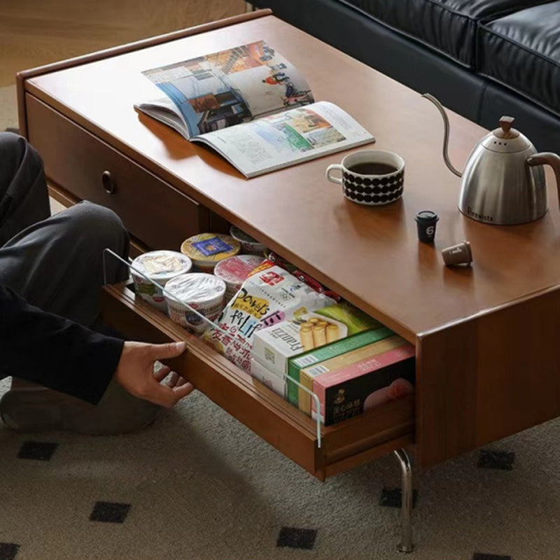 Traditional Japanese Wood & Stainless Steel Rectangular Coffee Table With 2-Drawer For Living Room & Bedroom