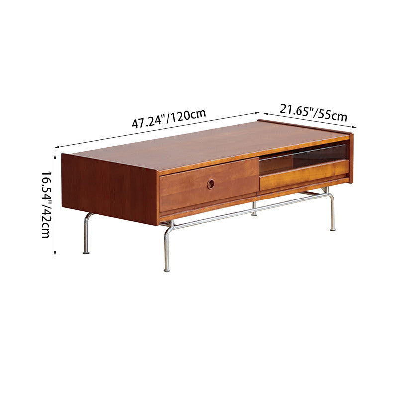 Traditional Japanese Wood & Stainless Steel Rectangular Coffee Table With 2-Drawer For Living Room & Bedroom