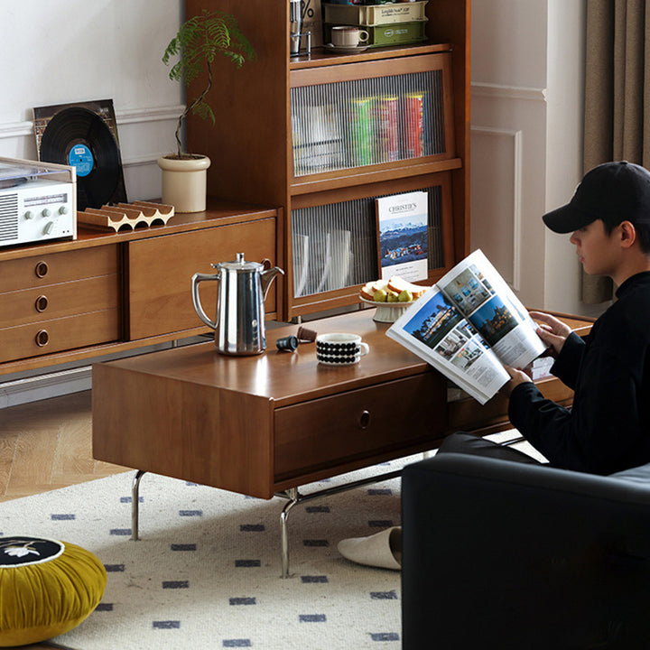 Traditional Japanese Pine & Plywood & Stainless Steel Rectangular Coffee Table With 2-Drawer For Living Room & Bedroom