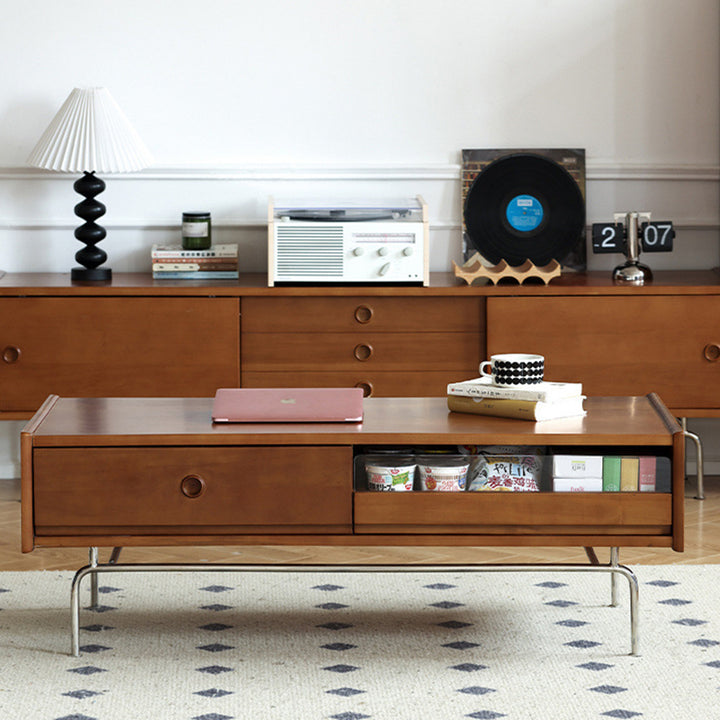 Traditional Japanese Pine & Plywood & Stainless Steel Rectangular Coffee Table With 2-Drawer For Living Room & Bedroom