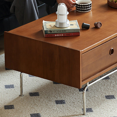 Traditional Japanese Wood & Stainless Steel Rectangular Coffee Table With 2-Drawer For Living Room & Bedroom