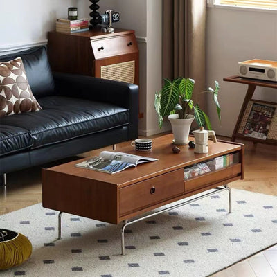 Traditional Japanese Wood & Stainless Steel Rectangular Coffee Table With 2-Drawer For Living Room & Bedroom