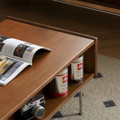 Traditional Japanese Wood & Stainless Steel Rectangular Coffee Table With 2-Drawer For Living Room & Bedroom