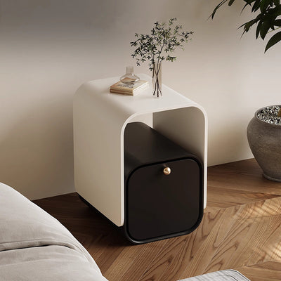 Modern Minimalist Plank & Wood Square Nightstand With 1-Drawer For Bedroom & Living Room