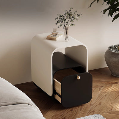 Modern Minimalist Plank & Wood Square Nightstand With 1-Drawer For Bedroom & Living Room