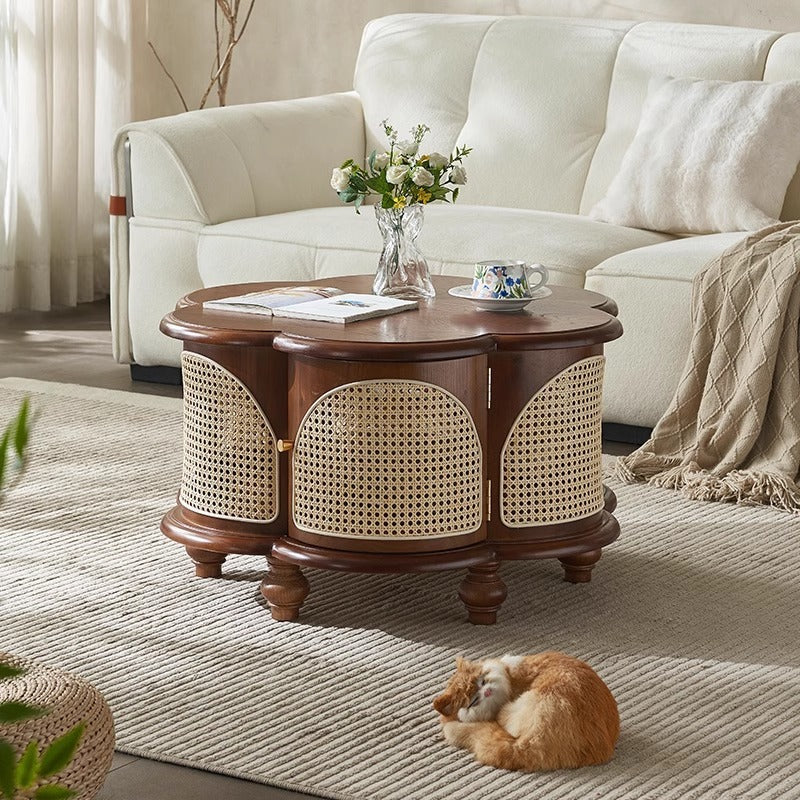 Traditional French Wood & Rattan Floral-Shaped Coffee Table With 1-Cabinet For Living Room & Bedroom