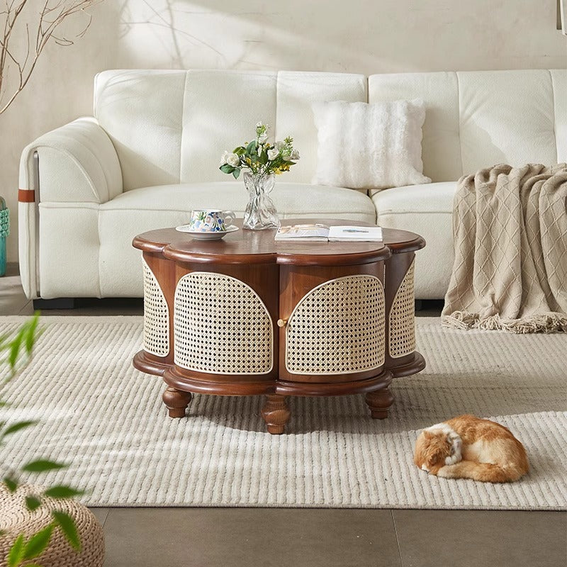 Traditional French Wood & Rattan Floral-Shaped Coffee Table With 1-Cabinet For Living Room & Bedroom